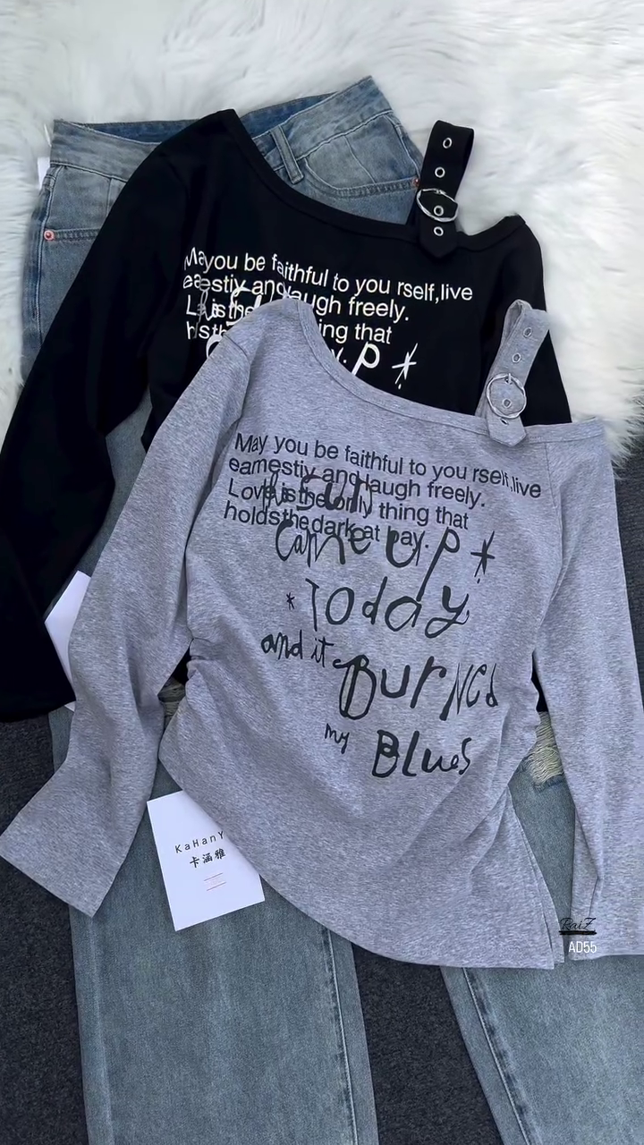 White Graphic Long-Sleeve Top & Washed Blue Denim Jeans Set - Image 3