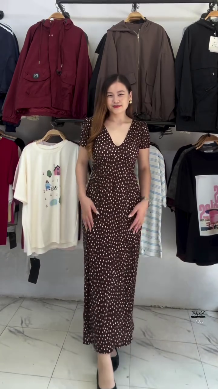 Brown Polka Dot V-Neck Maxi Dress - Image 4