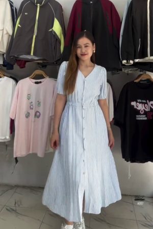 White & Blue Striped Button-Down Midi Dress