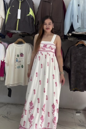 Beige Floral Embroidered Maxi Dress