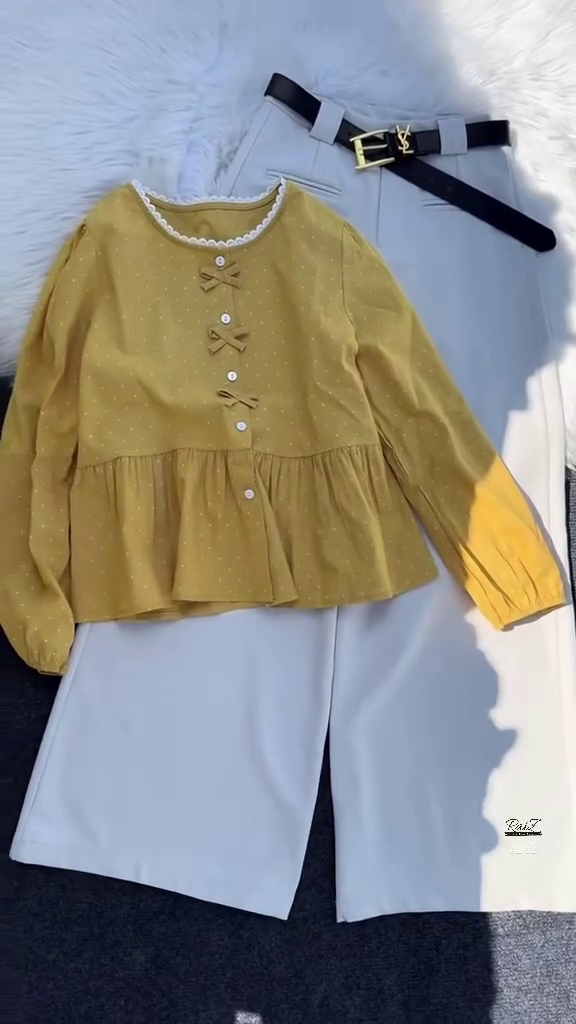 Mustard Bow-Detail Peplum Blouse