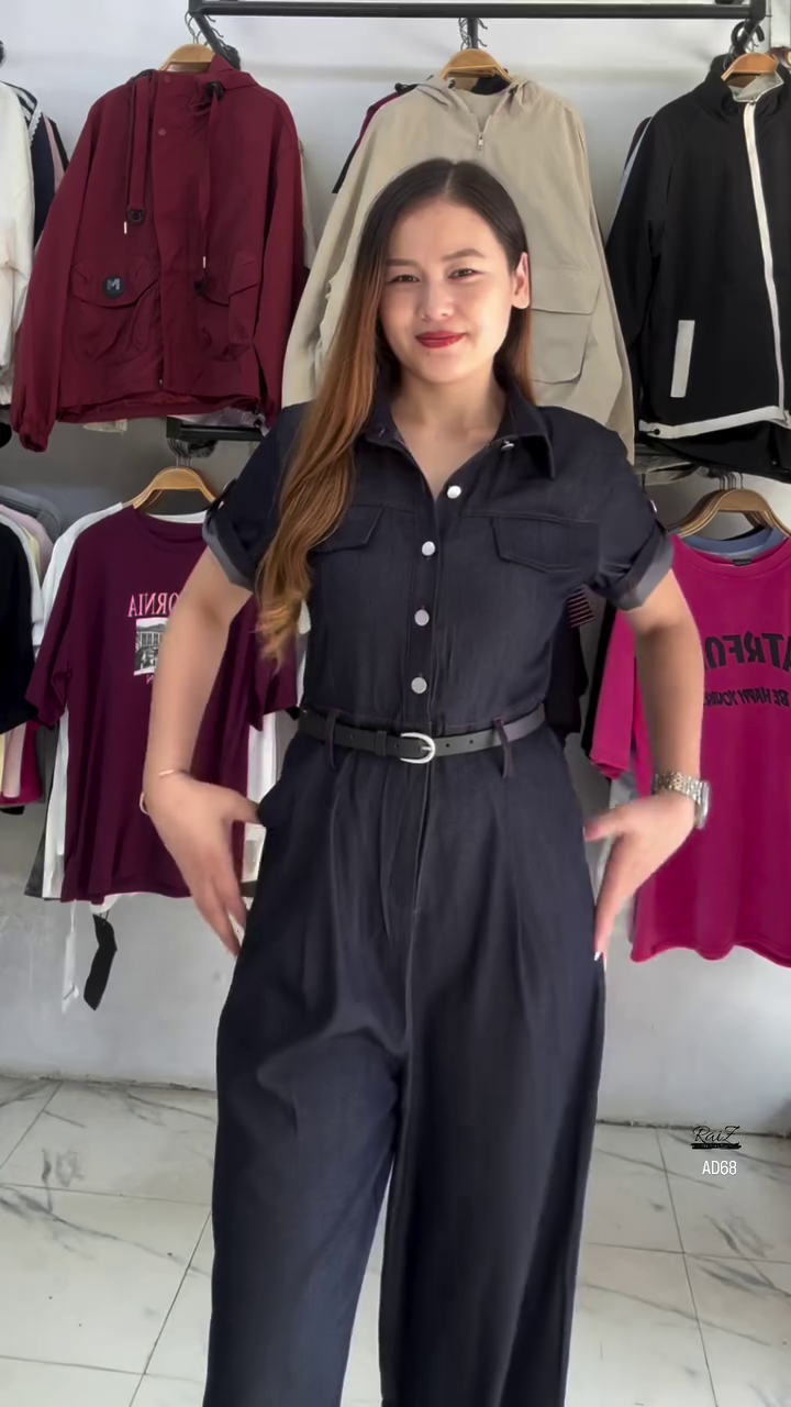 Black Short-Sleeve Button-Down Jumpsuit with Belt - Image 2