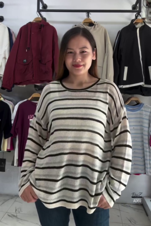 Beige and Brown Striped Knit Pullover