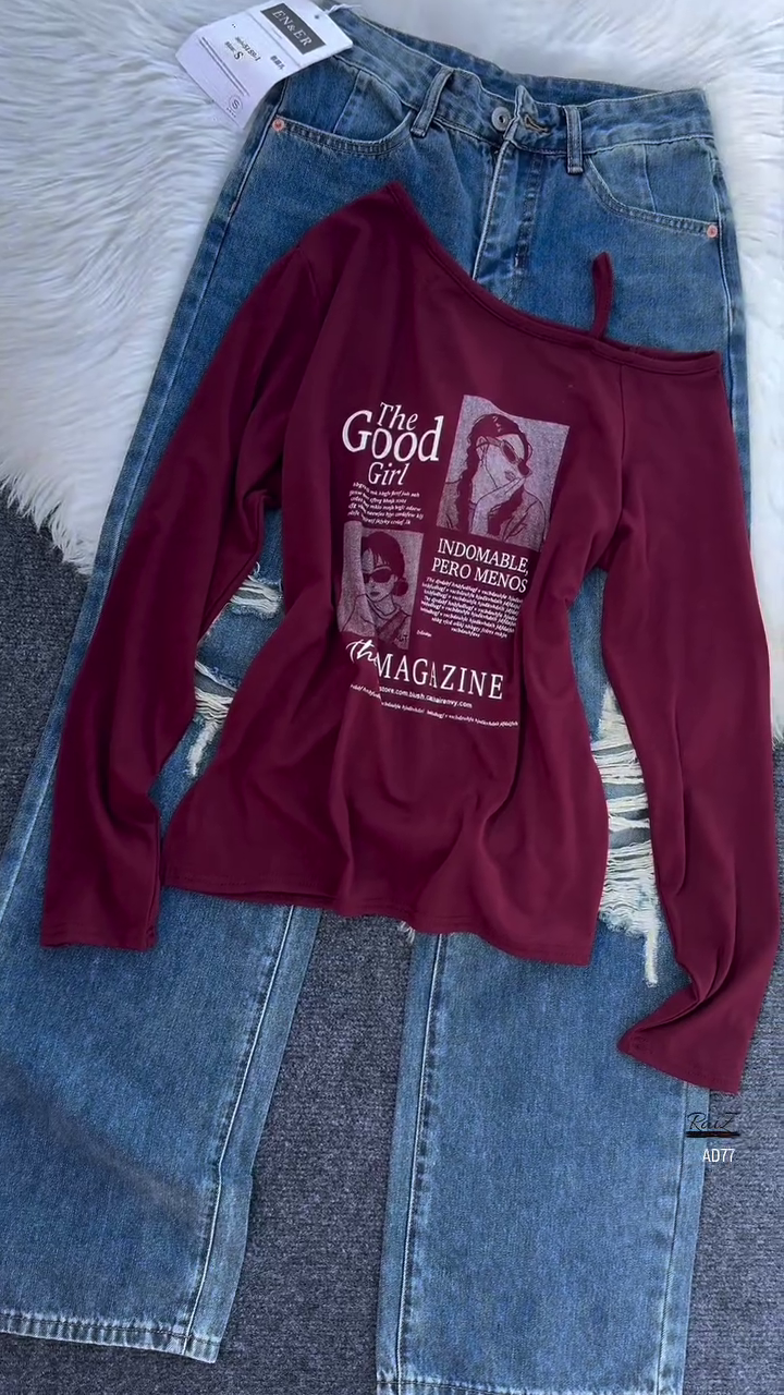 Burgundy Graphic Off-Shoulder Top & Distressed Denim Jeans Set - Image 5