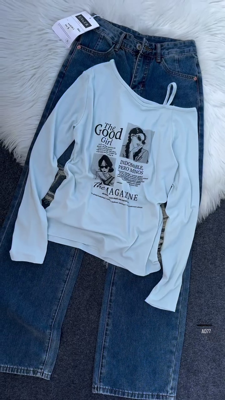 Burgundy Graphic Off-Shoulder Top & Distressed Denim Jeans Set - Image 3