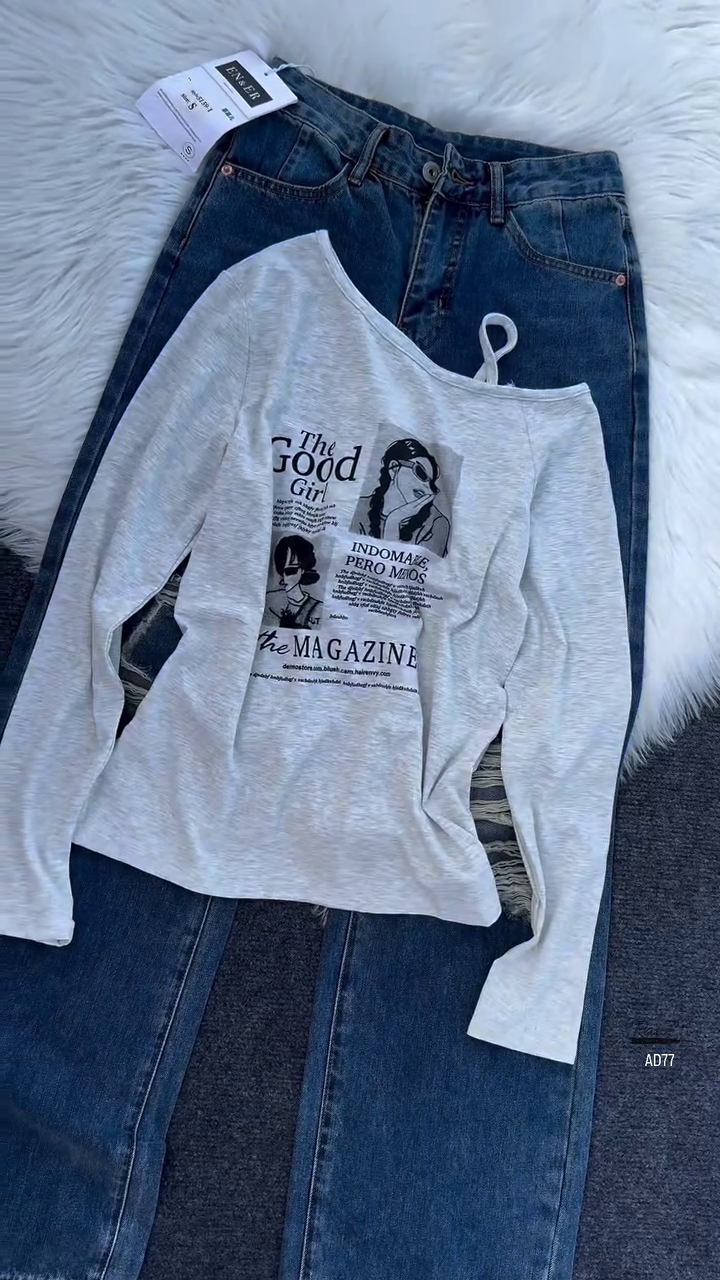 Burgundy Graphic Off-Shoulder Top & Distressed Denim Jeans Set - Image 6