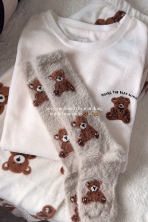 Teddy Bear Print White Lounge Set with Matching Socks