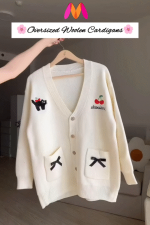 Oversized Woolen Cardigan 🧵💙 With Bow Pockets & Emblem Detail – White & Blue Variant
