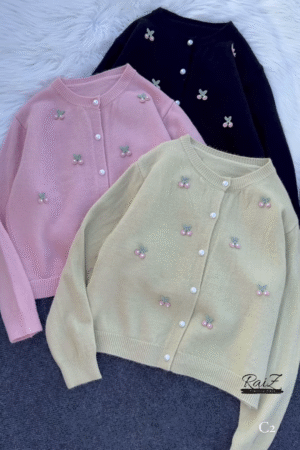 Cherry Embroidered Knit Cardigans 🍒🧶 With Pearl Buttons – Beige, Mint, Red & White Variants
