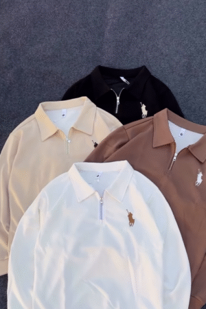 Half-Zip Polo Shirts 🧵🧼 With Embroidered Chest Detail – Black, Beige, Brown & White Variants