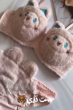 Furry Cat-Face Lingerie Set 🐱💖 – Plush Bra & Panty Combo with Embroidered Details