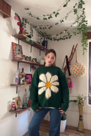 Green Floral Knit Sweater 🌼🧥 – Oversized White Flower Design Styled with Blue Jeans