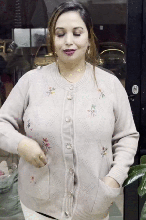 Floral Embroidered Knit Cardigans 🌸🧥 – Available in Beige, Red & Lavender Variants with Pocket & Button Detailing