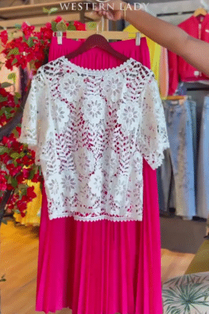 Lace Bloom Top & Fuchsia Pleat Skirt