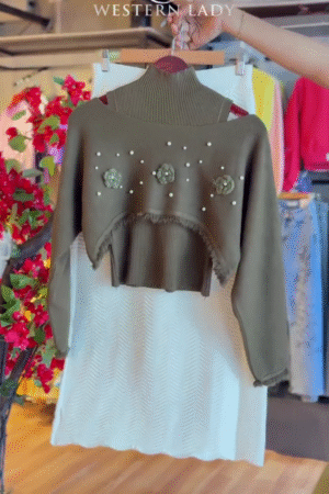 Olive Pearl Sweater & Chevron White Dress