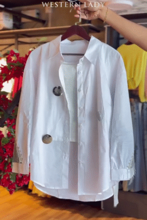 Studded Fringe Shirt in Metallic White