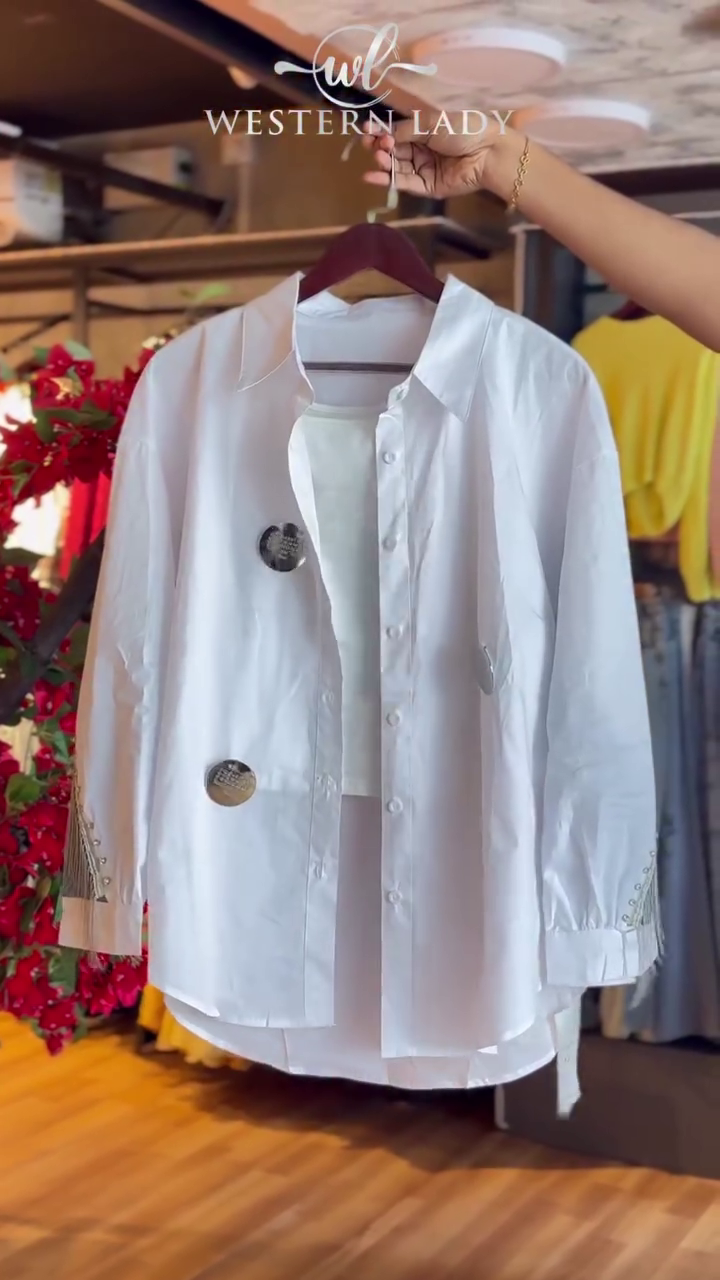 Studded Fringe Shirt in Metallic White