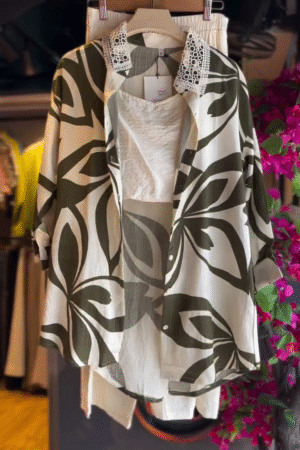 Leaf Lace Shirt & Cream Tapered Pants