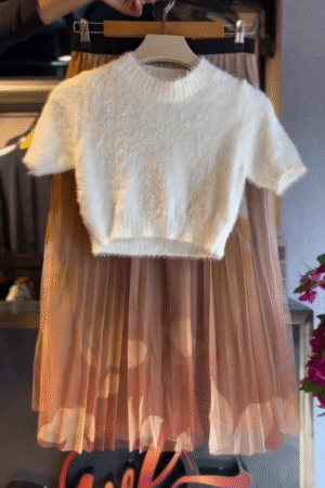 Fuzzy White Knit & Mocha Sheer Pleats