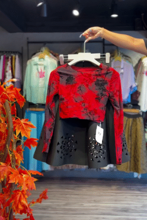 Crimson Bloom Crop & Noir Cutwork Skirt