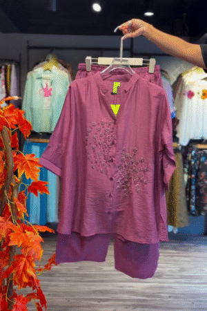 Embroidered Mauve Co-ord with V-Neck Detai