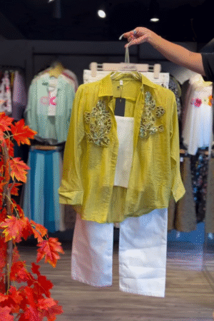 Sunlit Sheer Shirt with Embroidered Blooms & White Wide-Leg Pants