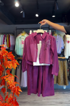 Plum Bloom Shirt & Wide-Leg Pants in Deep Magenta