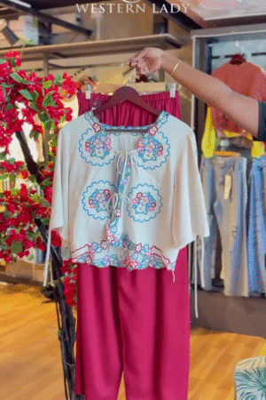 Embroidered Scallop Top in White & Maroon Pants