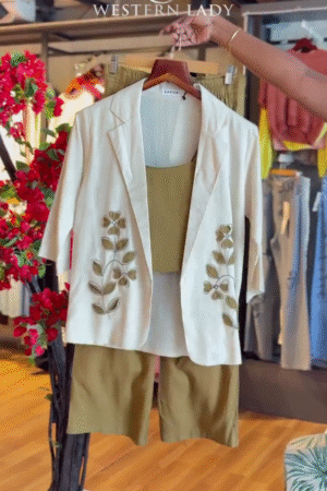Olive Bloom Blazer Set with Embroidered Accents