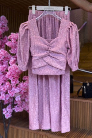 Ruched Petal Top & Shimmer Skirt in Blush Pink