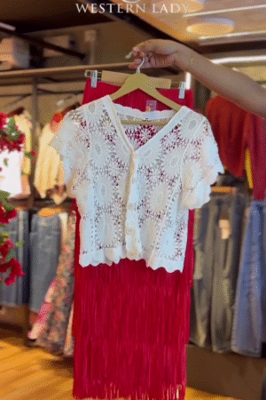 Crochet Bloom Top in White & Fringe Skirt in Crimson