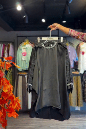 Embroidered Black Dress with Pearl Cuff Detail