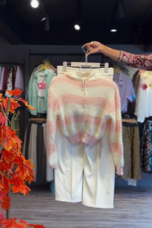 Pastel Pink & Cream Striped Winter Co-Ord Set (Hooded Sweater + Jogger Pants)