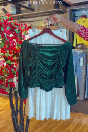 Ruched Velvet Top in Forest & Eyelet Skirt in White