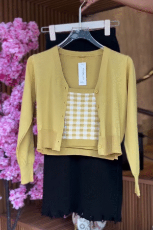 Mustard Checkered Twinset & Frayed Hem Skirt in Black