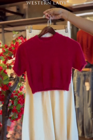 Fuzzy Crop Top in Crimson & Pleated Skirt in Cream