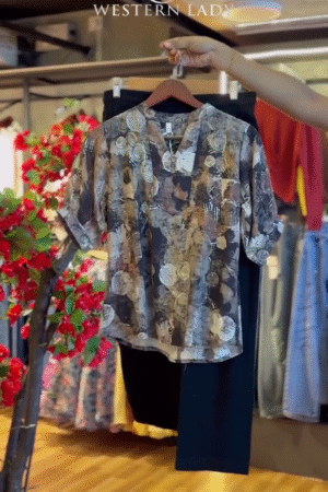 Abstract Print Blouse in Earth Tones & Black Straight Pants