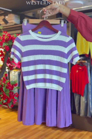 Striped Crop Top in Lilac & Pleated Skirt in Violet