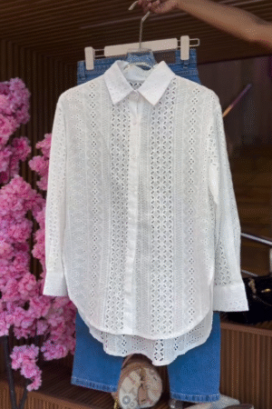 Eyelet Blouse in White & Denim Jeans in Classic Blue