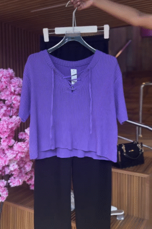 Lace-Up Ribbed Top in Violet & Black Pants