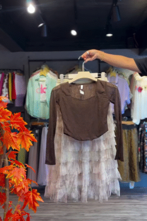 Lace Bodice Dress in Cocoa & Ruffled Skirt in Cream