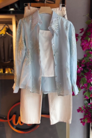 Embroidered Sheer Shirt in Sky & White Shorts