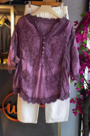 Embroidered Blouse in Orchid & White Shorts