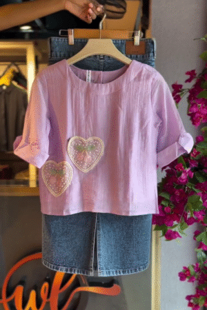 Embroidered Blouse in Lavender & Denim Skirt in Medium Wash