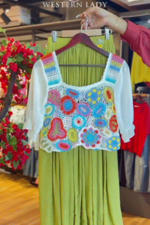 Crochet Vest in Multicolor & Pleated Skirt in Mint