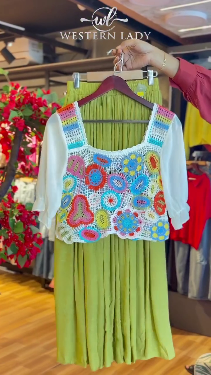 Crochet Vest in Multicolor & Pleated Skirt in Mint