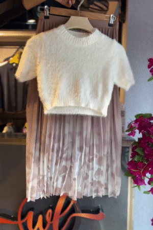 Fuzzy Cropped Sweater in Ivory & Pleated Skirt in Blush Beige