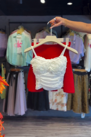 Ruched Crop Top in White & Red Garment