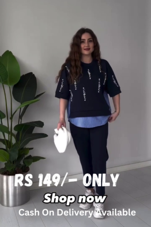 Chic Navy Blue Pearl-Embellished Layered Top – Trendy & Elegant