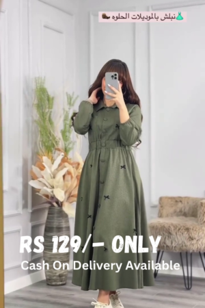 Modest Olive Green Buttoned Flared Dress – Effortless Elegance & Comfort